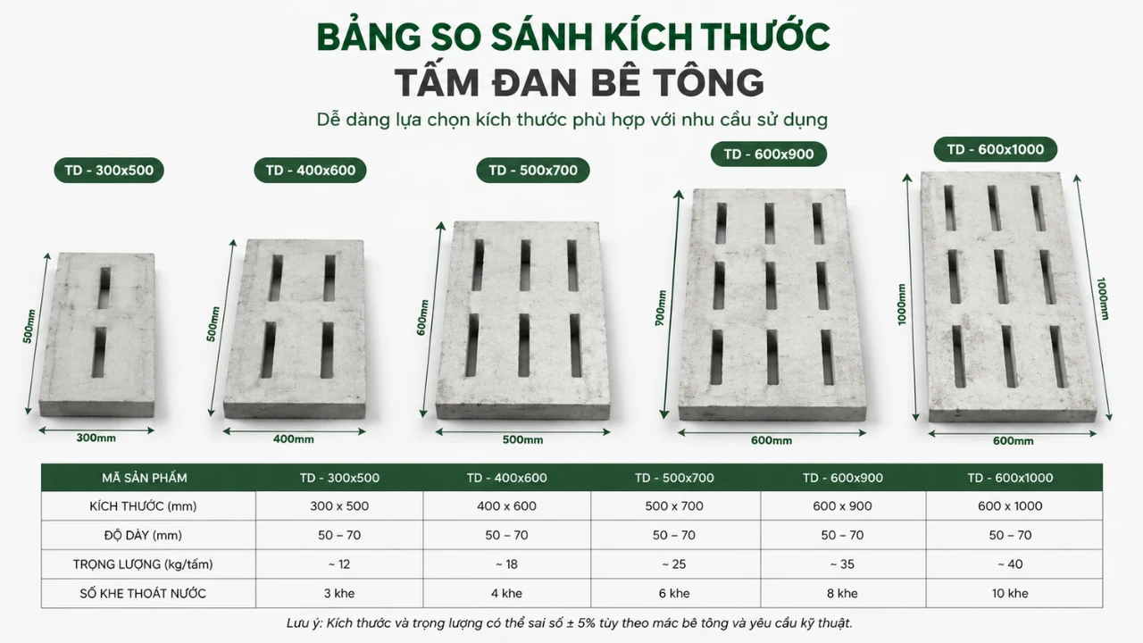 Bảng kích thước tấm đan bê tông tiêu chuẩn từ loại nhỏ đến loại đặc biệt