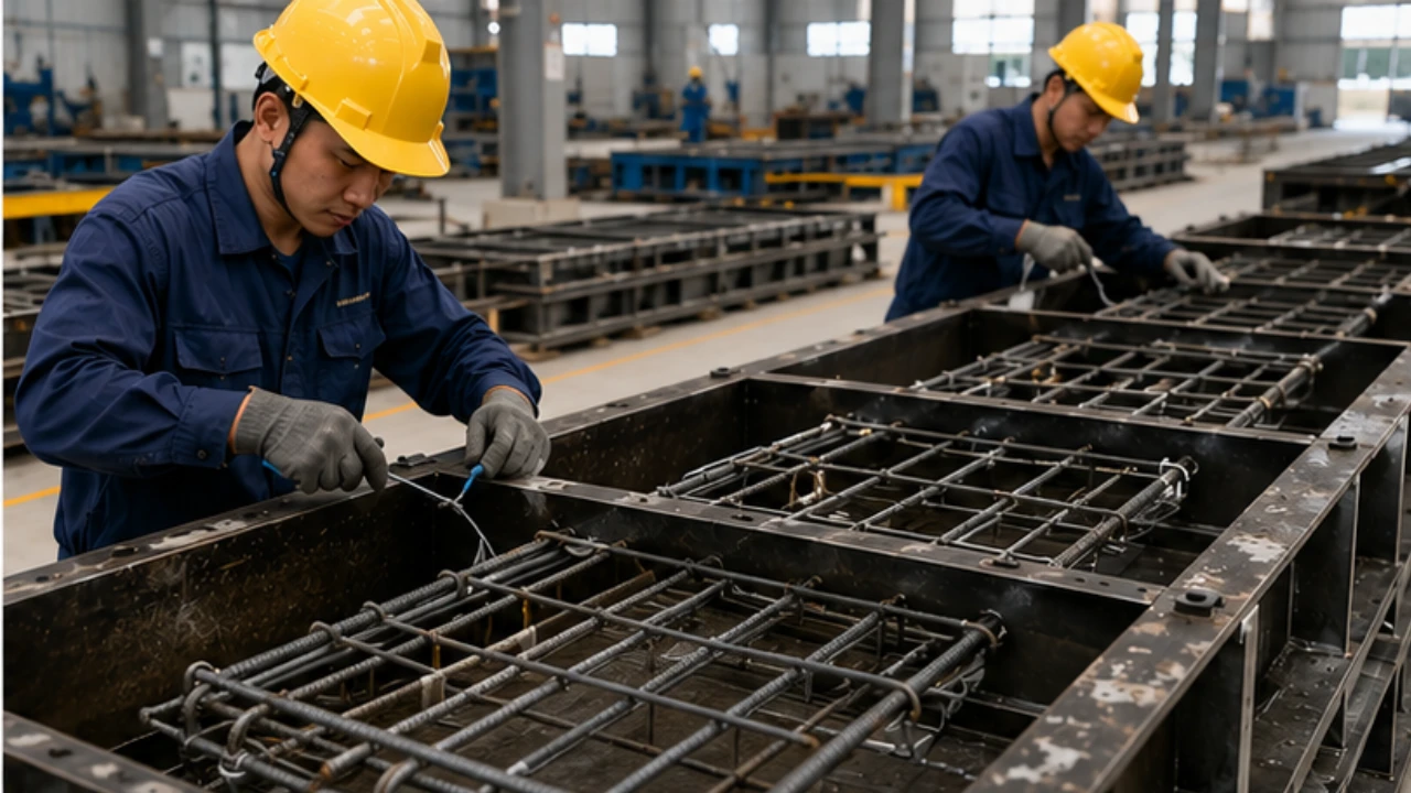 Gia công cốt thép và chuẩn bị khuôn trong quy trình sản xuất cấu kiện bê tông đúc sẵn