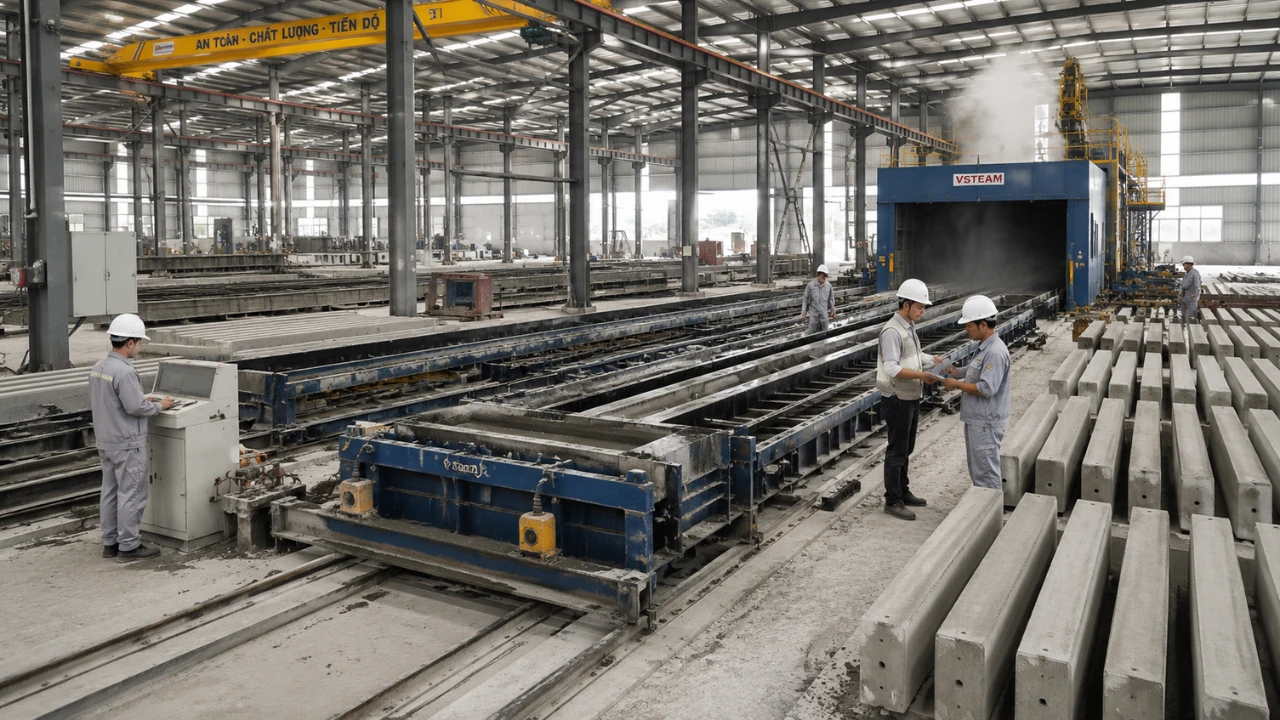 Dây chuyền sản xuất cấu kiện bê tông đúc sẵn đạt tiêu chuẩn kỹ thuật tại nhà máy hiện đại Dây chuyền sản xuất cấu kiện bê tông đúc sẵn đạt tiêu chuẩn kỹ thuật tại nhà máy hiện đại